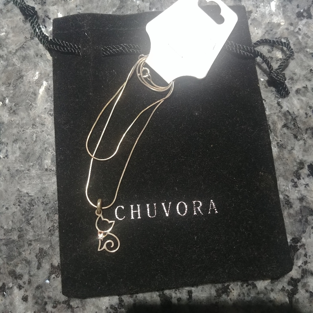 New Chuvora 925 silver CZ Kitty Cat Necklace kitten